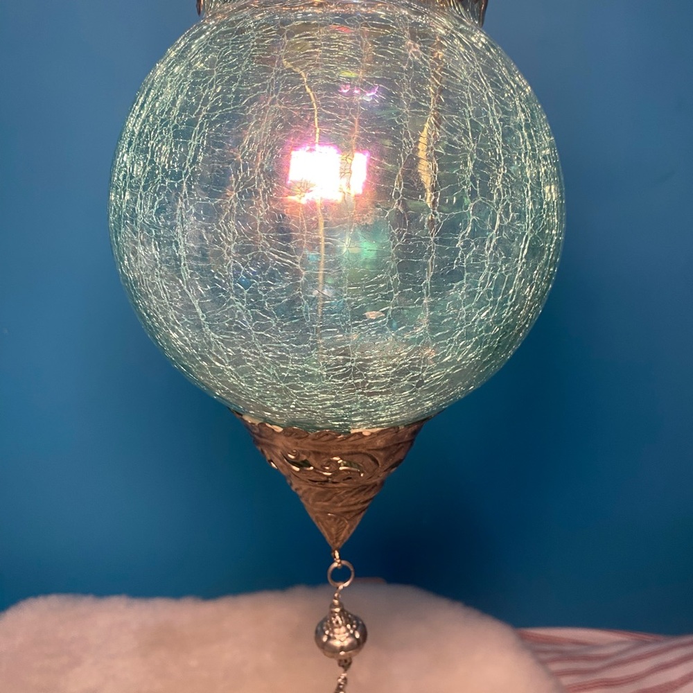 Hanging Lantern Irridescent Blue (green) crake Glass Moroccan Style - Picture 2 of 10